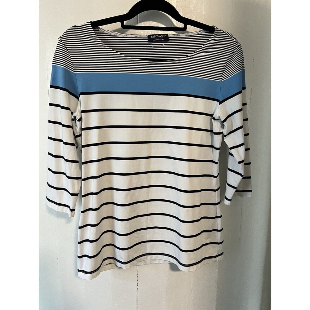 Saint James White Striped 3/4 Sleeve Top Shirt Size Medium